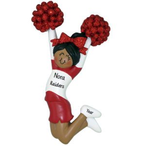 African American RED Cheerleader Glittered Pom Poms Ornament