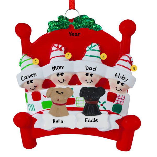 Family Of 4 + 2 Dogs RED Bed Quilt Ornament