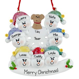 Family Of 7 Snowmen With Dog Around Glittered Flake Ornament