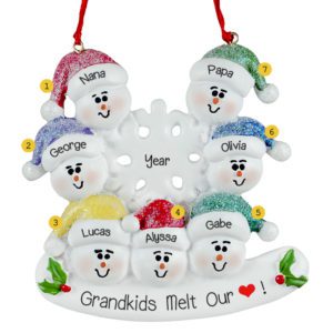 Grandparents And Five Grandkids Snowmen Around Flake Glittered Ornament