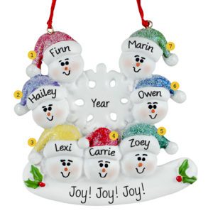Seven Grandkids Snowmen Around Flake Glittered Ornament