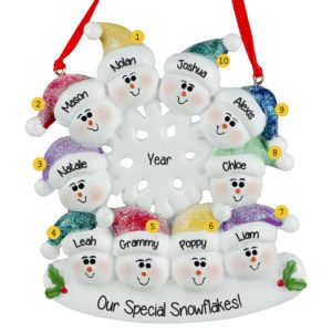 Grandparents And 8 Grandkids Snowmen Glittered Flake Ornament