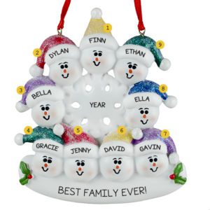 Family Of 9 Snowmen Glittered Flake Ornament