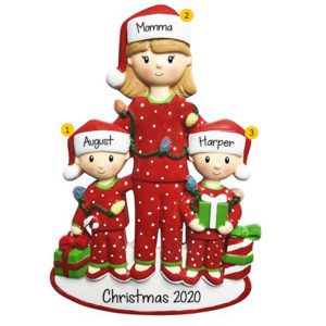 Single Mom With 2 Kids Wearing Red Christmasy Pajamas Ornament