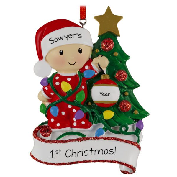 Image of Baby BOY Decorating Christmas Tree Tangled In Lights Ornament