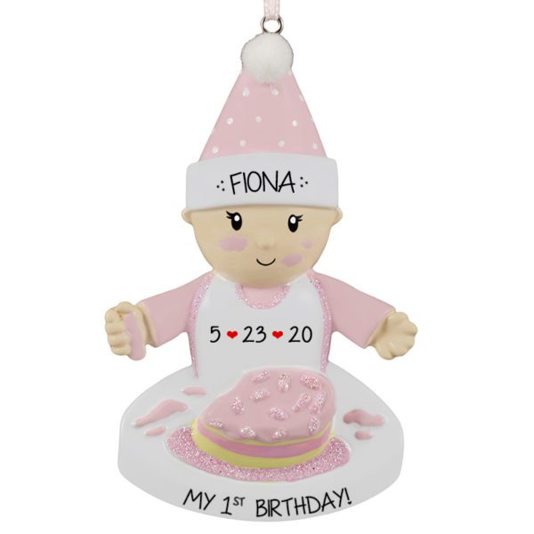 Baby GIRL'S 1st Birthday Cake On Face Ornament