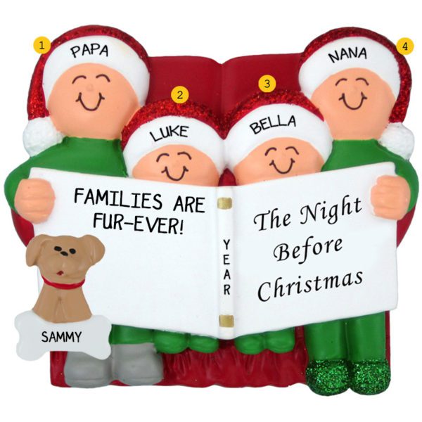 Grandparents And 2 Grandkids With DOG Night Before Christmas Glittered Caps Ornament