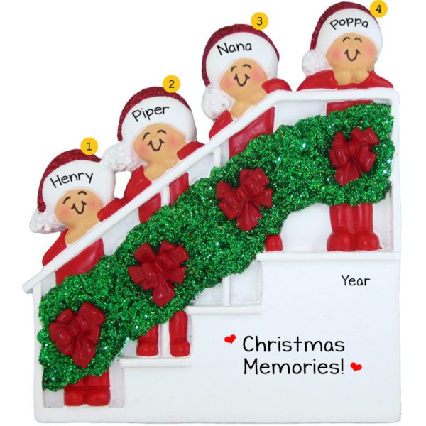 Grandparents And 2 Grandkids On Christmas Stairs Ornament