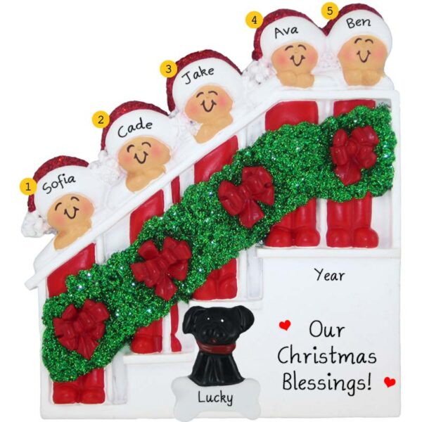 Five Grandkids And Dog Christmasy Stairs Ornament
