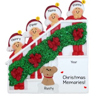 Grandparents With 2 Grandkids And Dog Christmasy Stairs Ornament