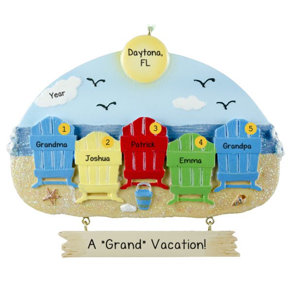 Grandparents With 3 Grandkids Colorful Beach Chairs Ornament