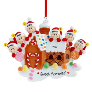 Grandparents And 4 Grandkids Atop Gingerbread House Ornament