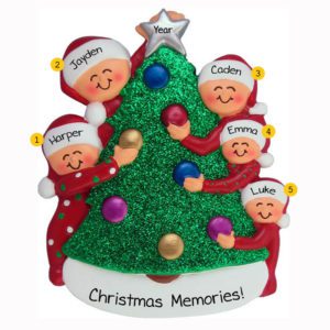 Five Grandkids Decorating Christmas Tree Glittered Ornament