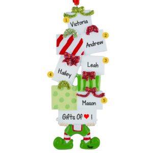 Five Grandkids Elf Holding Gift Packages Ornament