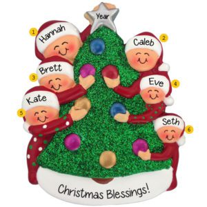 Six Grandkids Decorating Glittered Christmas Tree Ornament
