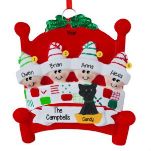 Image of Family Of 4 + 1 Cat RED Bed Quilt Ornament