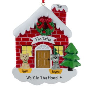 Two CATS Festive Red BRICK House Ornament