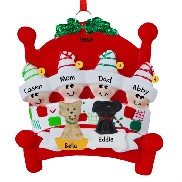 Family Of 4 + 2 Pets RED Bed Quilt Ornament