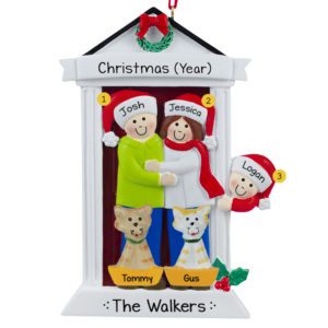 Personalized Door Family Of 3 + 2 CATS Ornament BRUNETTE