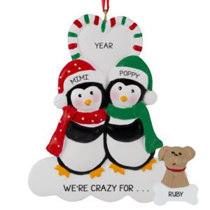 Image of Penguin Grandparents With Dog Candy Cane Heart Ornament