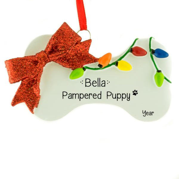Pampered Puppy Glittered Bow Bone Ornament