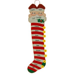Parents With 9 Kids Candy Cane Stocking Ornament