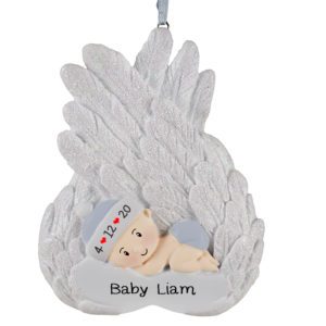 Memorial Baby BOY Wrapped in Wings Glittered Ornament