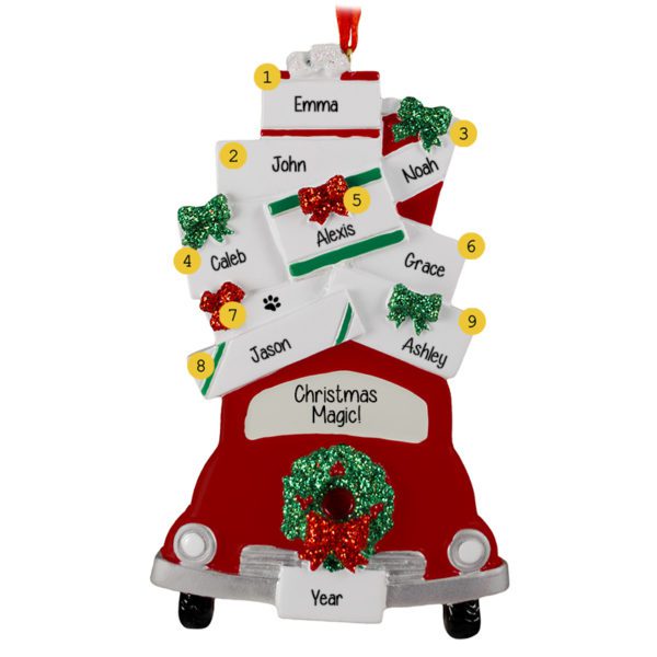 Image of Family Or Group Of 8 Car Full Of Presents Glittered Ornament
