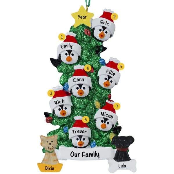 Personalized Family Of 7 + 2 Pets Penguins Glittered Tree Ornament
