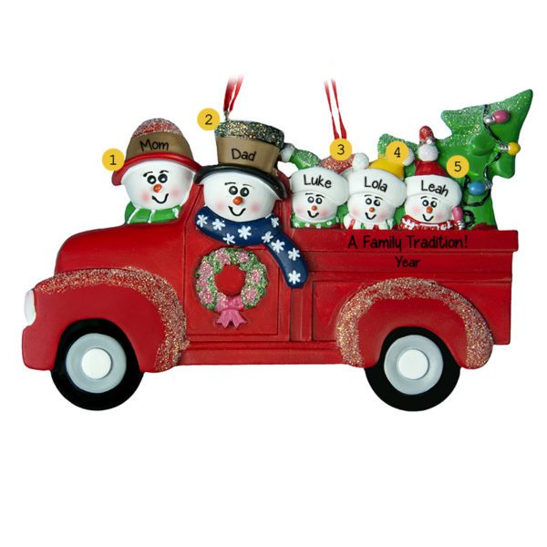 Red TRUCK Family Of 5 With Christmas Tree Ornament
