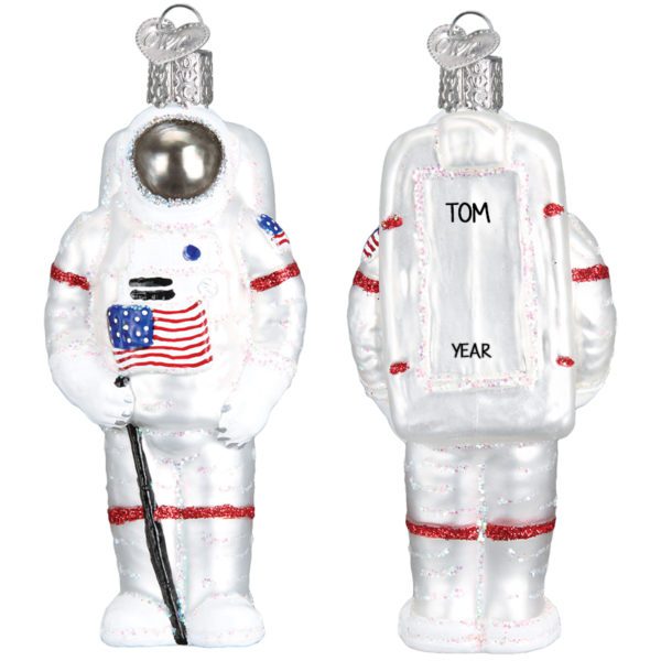 Personalized Astronaut Holding American Flag Glittered Glass Dimensional Ornament