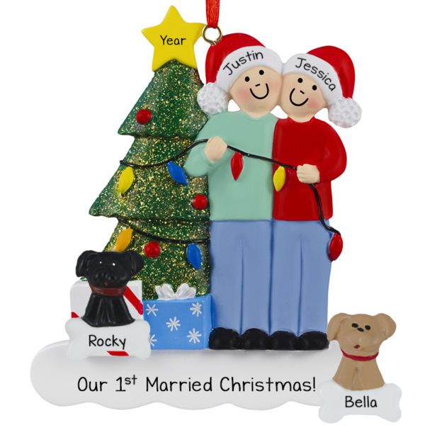 1st Married Christmas Couple With 2 Dogs Decorating Tree Ornament