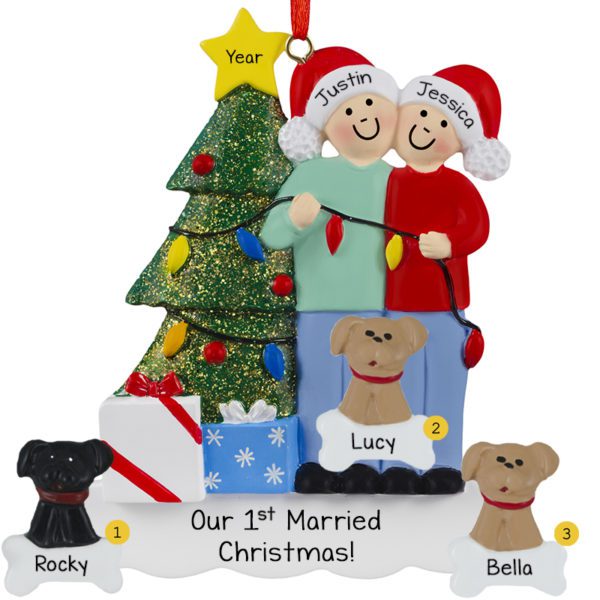 1st Married Christmas Couple With 3 Dogs Decorating Tree Ornament
