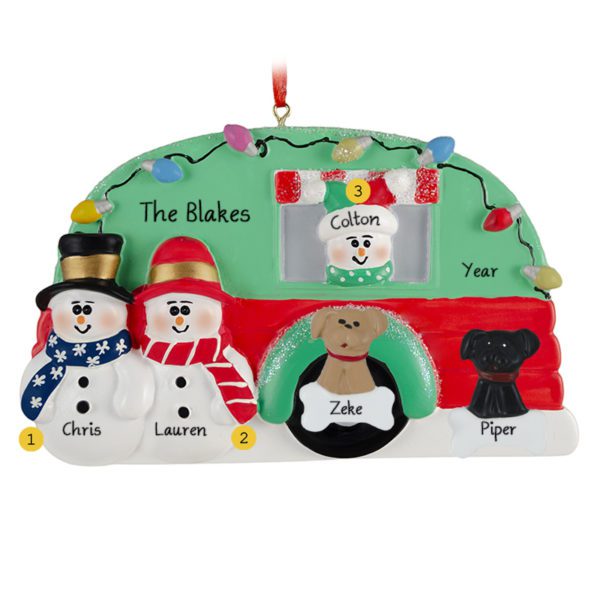 Family Of 3 With 2 Dogs Camper Christmas Lights Ornament