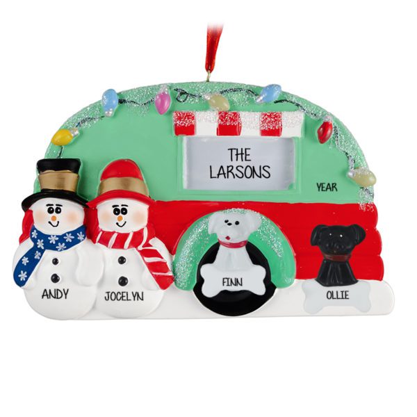 Snow Couple With 2 Pets Camper Christmas Lights Ornament