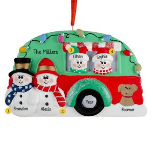 Family Of 4 With Dog Camper Christmas Lights Ornament