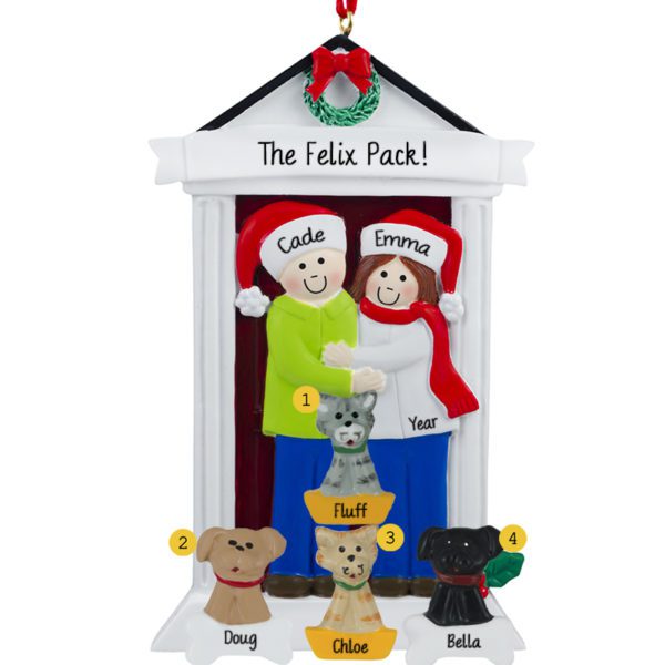 Festive Door Couple With 4 Pets Ornament