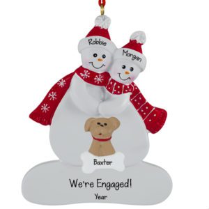 Engaged Snow Couple Wearing Scarves With DOG Ornament
