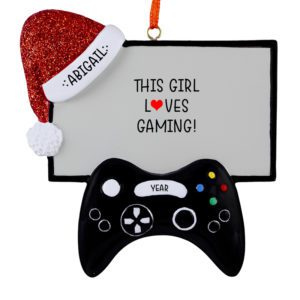 Girl Video Gamer Controller Glittered Santa Cap Ornament