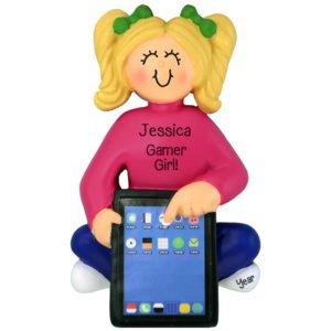 GIRL Plays Video Games On iPad Ornament BLONDE