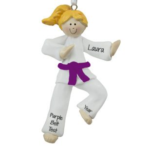 Karate GIRL PURPLE Belt Personalized Ornament BLONDE