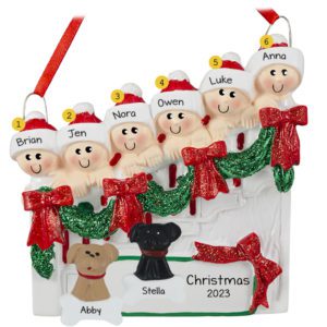 Family Of 6 With 2 Dogs On Christmasy Steps Glittered Ornament