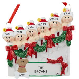 Family Of 6 With Dog On Christmasy Steps Ornament
