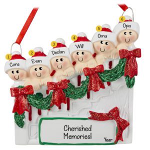 Grandparents With 4 Grandkids On Christmasy Steps Ornament