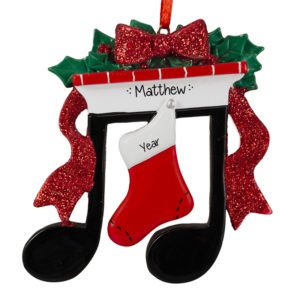 Music Note Stocking On Mantle Glittered Ornament