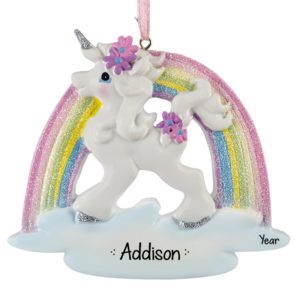 Unicorn Decorated In Flowers With Glittered Rainbow Ornament