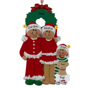 Image of African American Family Of 3 In Pajamas With Dog Ornament