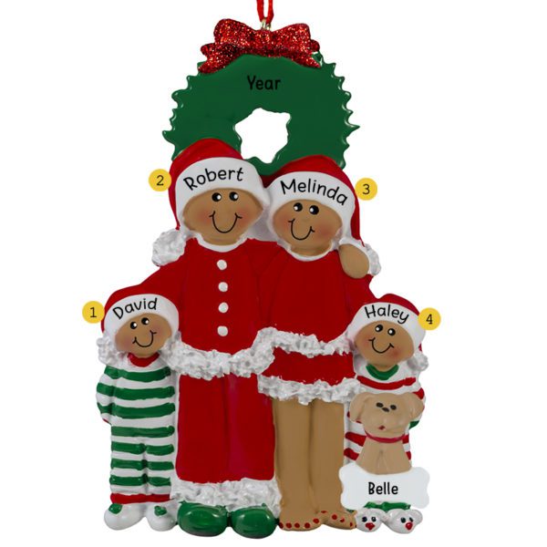African American Family Of 4 With Dog In Pajamas Ornament