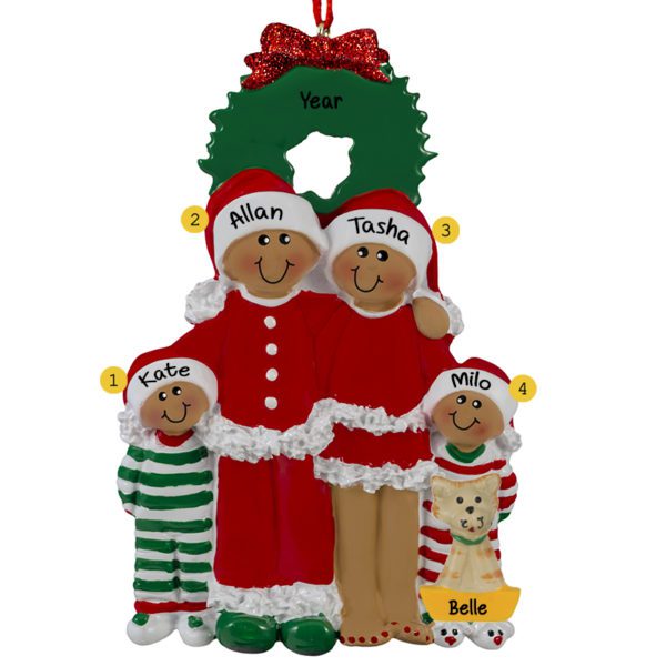 African American Family Of 4 With Cat In Pajamas Ornament