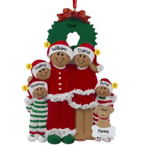 Image of African American Family Of 5 In Pajamas With Dog Ornament